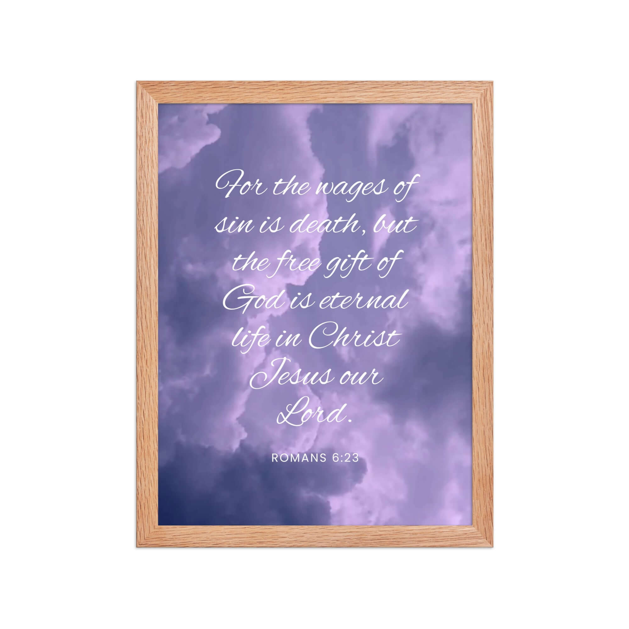 Romans 6:23 Bible Verse, free gift Premium Luster Photo Paper Framed Poster Wall Art Red Oak 12″×16″