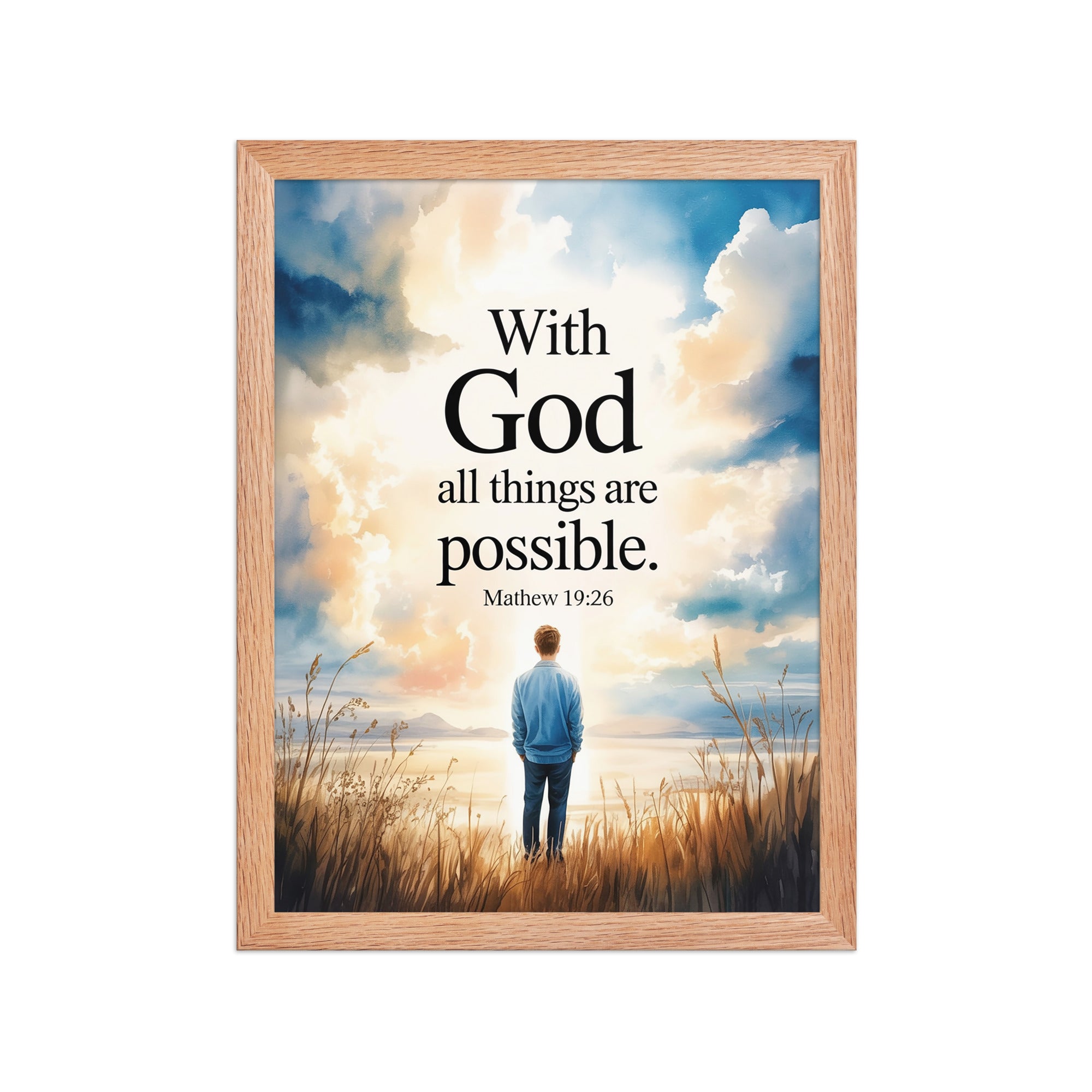 Matthew 19:26 Bible Verse Jesus Premium Luster Photo Paper Framed Poster Red Oak 12″×16″