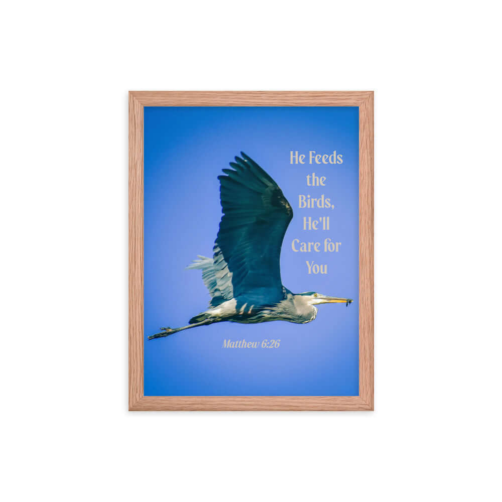 Matthew 6:26 Graceful Heron, He'll Care for You Premium Luster Photo Paper Framed Poster Wall Art Red Oak 12″×16″