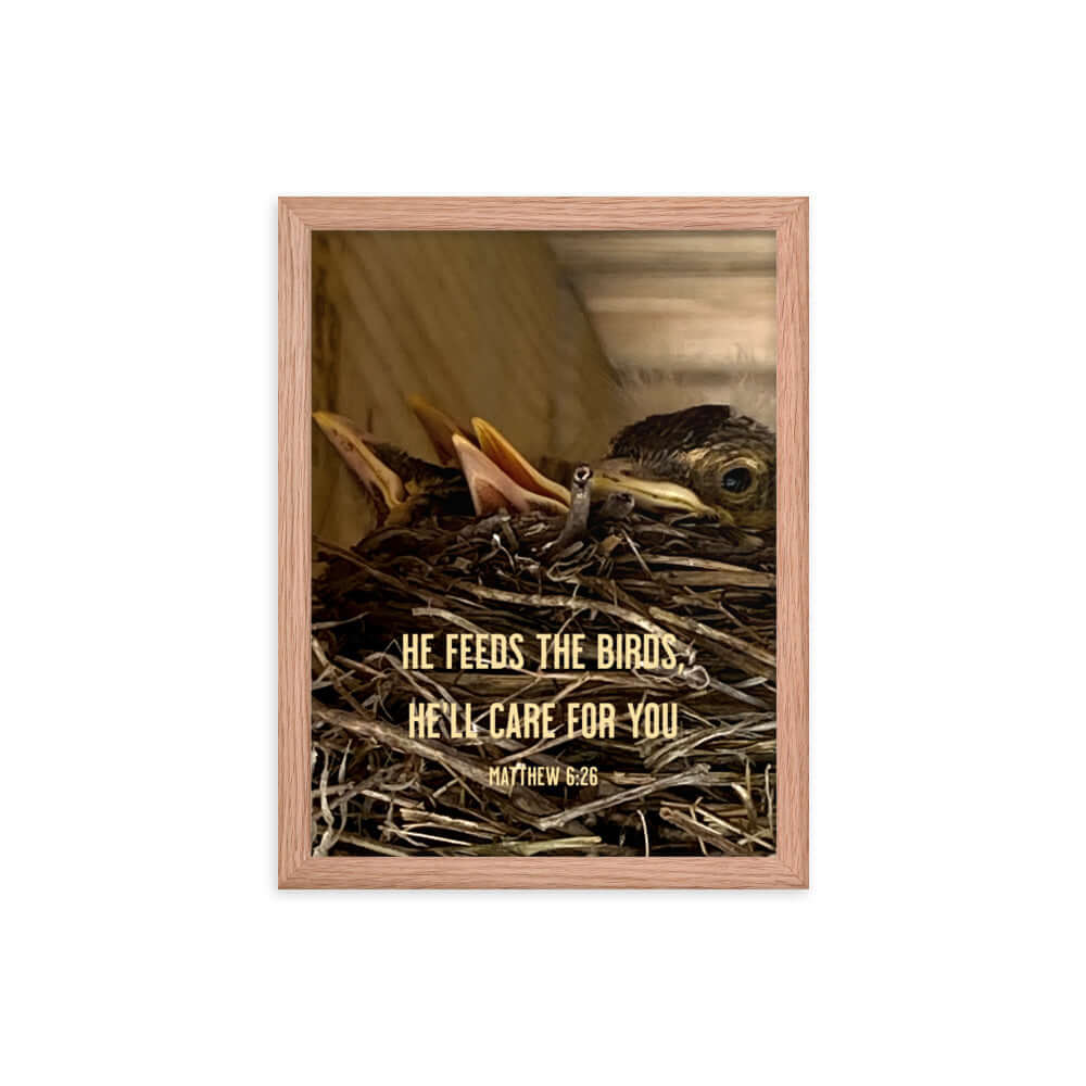 Matthew 6:26 Baby Robins, He'll Care for You Premium Luster Photo Paper Framed Poster Wall Art Red Oak 12″×16″