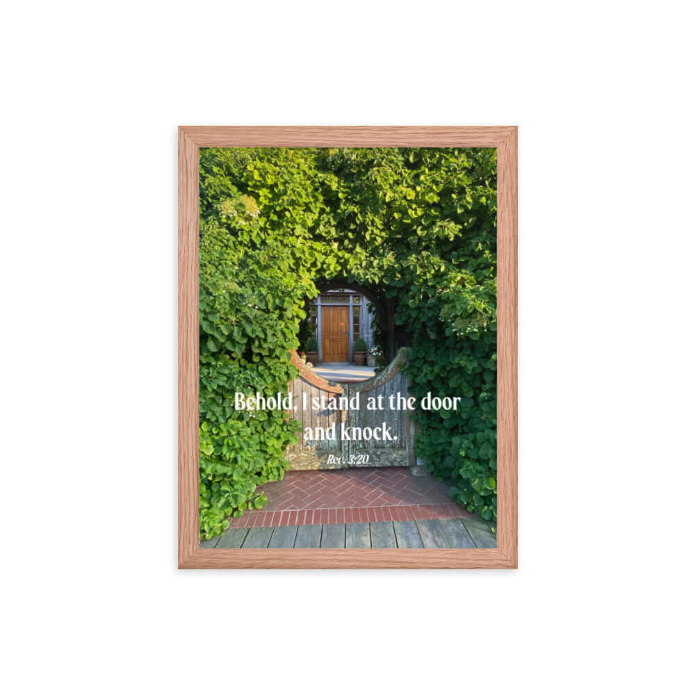 Revelation 3:20 Bible Verse, Garden Doorway Premium Luster Photo Paper Framed Poster Wall Art Red Oak 12″×16″
