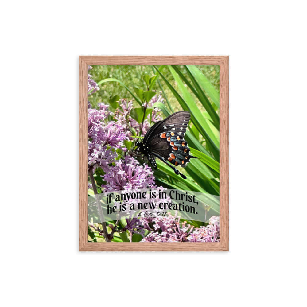 2 Corinthians 5:17 Bible Verse, Butterfly Premium Luster Photo Paper Framed Poster Wall Art Red Oak 12″×16″