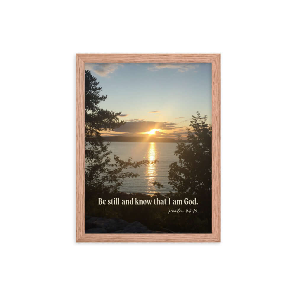 Psalm 46:10 Bible Verse, Sunset Glory Premium Luster Photo Paper Framed Poster Wall Art Red Oak 12″×16″
