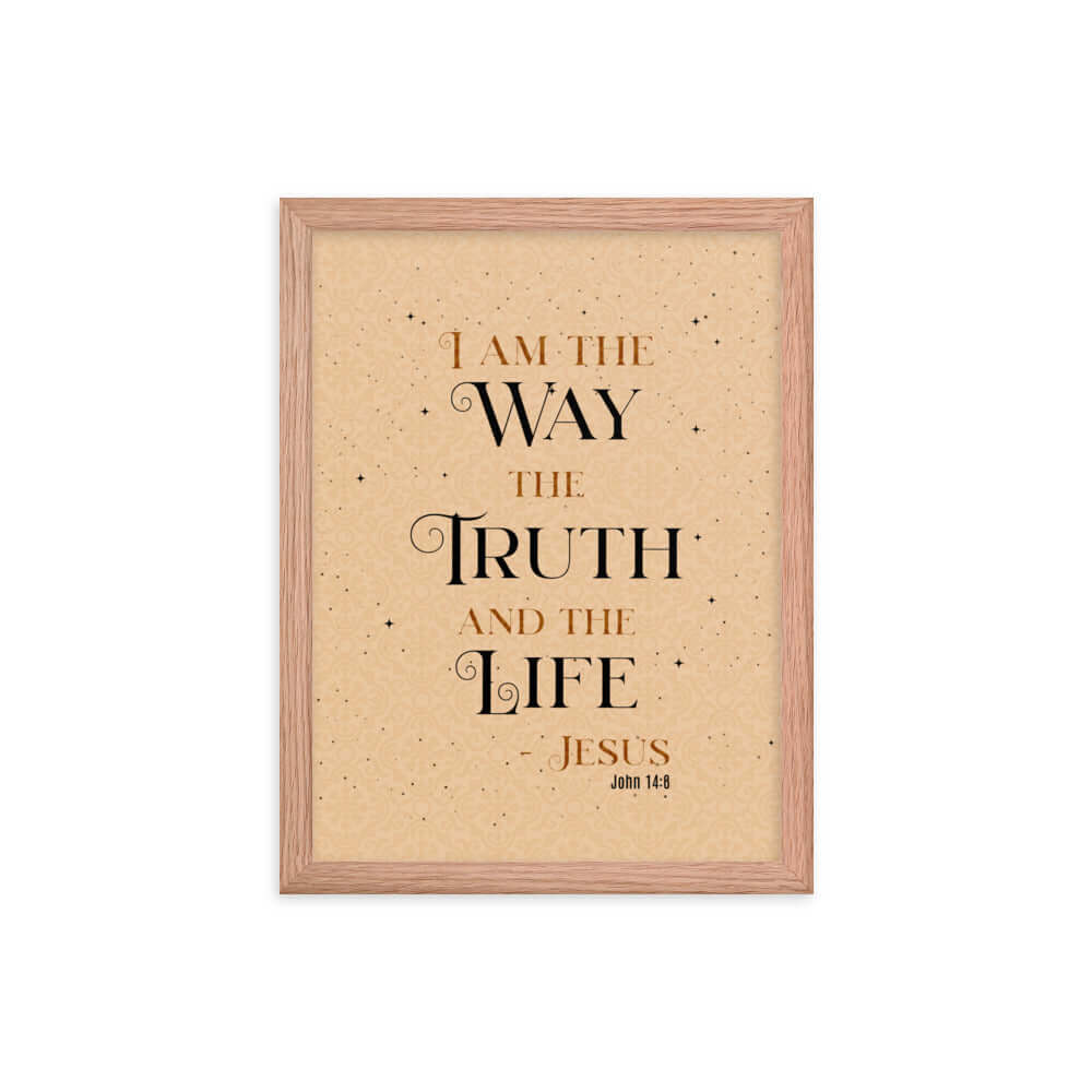 John 14:6 Bible Verse, Color Text Brown Background Premium Luster Photo Paper Framed Poster Wall Art Red Oak 12″×16″