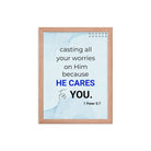 1 Peter 5:7 Bible Verse, casting all your worries on Him Premium Luster Photo Paper Framed Poster Wall Art Red Oak 12″×16″