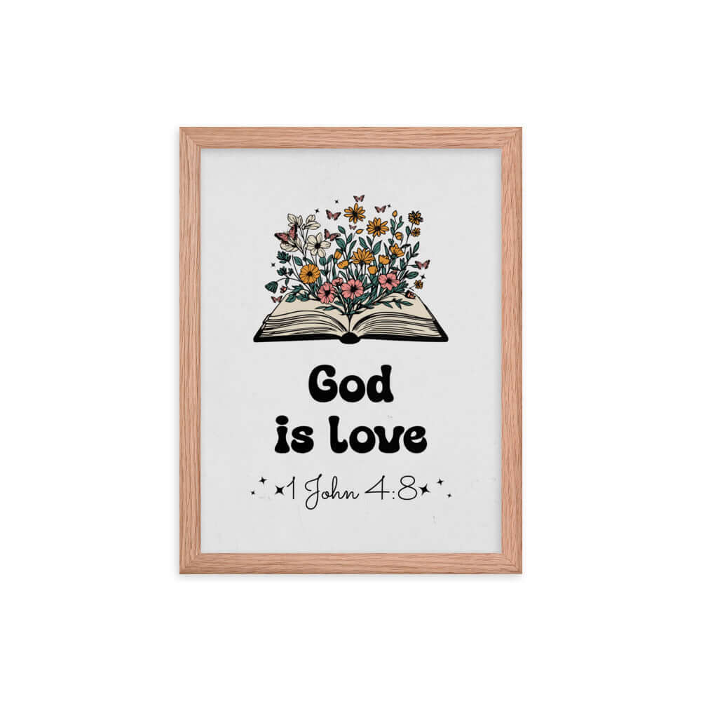 1 John 4:8 Bible Verse, God is Love Premium Luster Photo Paper Framed Poster Wall Art Red Oak 12″×16″