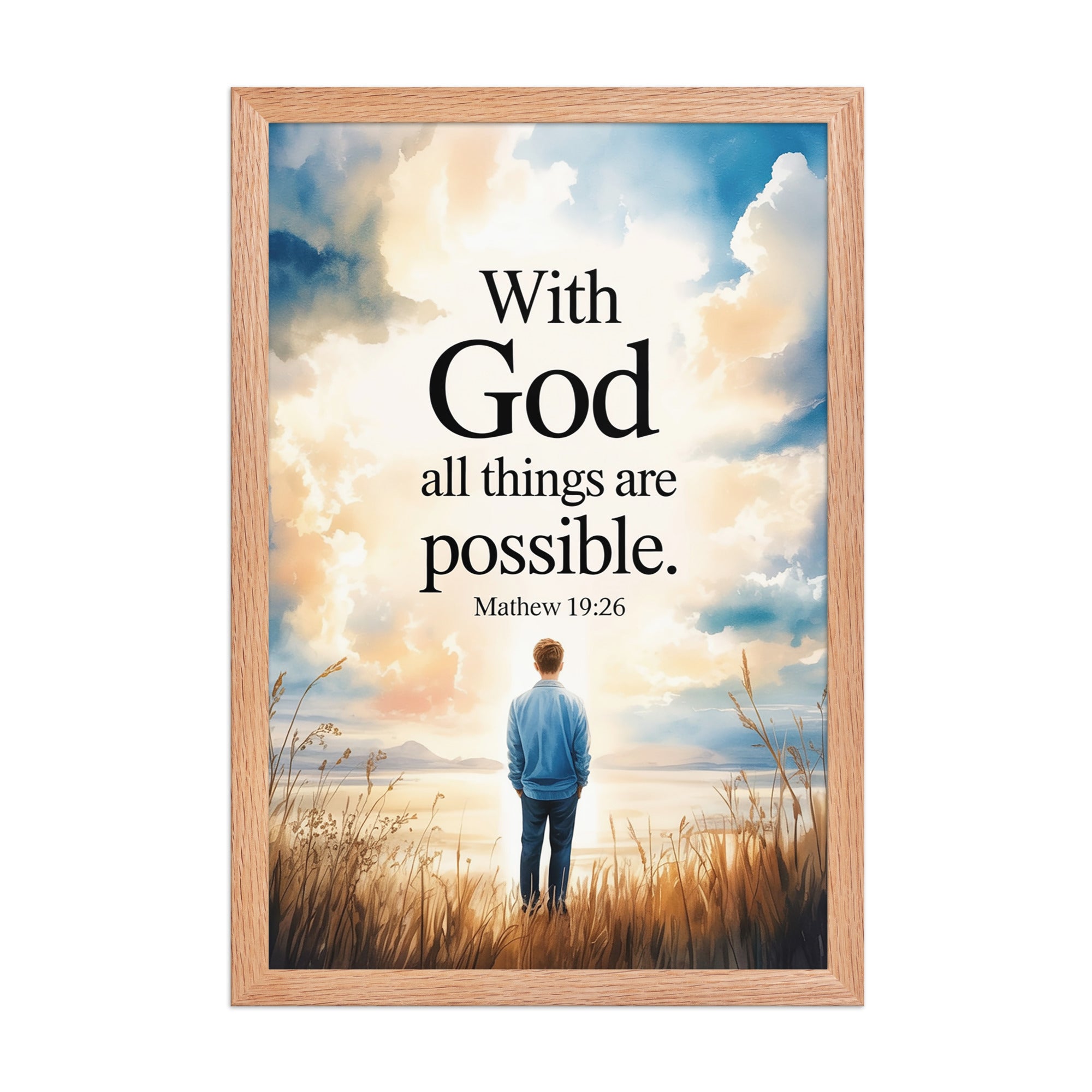 Matthew 19:26 Bible Verse Jesus Premium Luster Photo Paper Framed Poster Red Oak 12″×18″