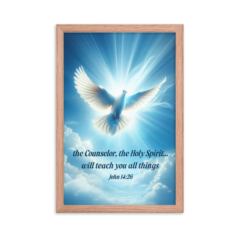 John 14:26 Bible Verse, Holy Spirit Dove Premium Luster Photo Paper Framed Poster Wall Art Red Oak 12″×18″