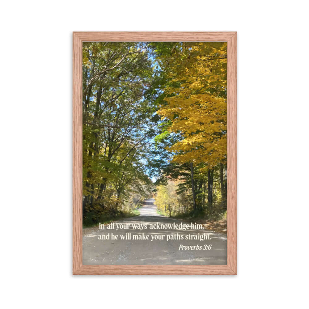 Proverbs 3:6 Bible Verse, Fall Road Premium Luster Photo Paper Framed Poster Wall Art Red Oak 12″×18″