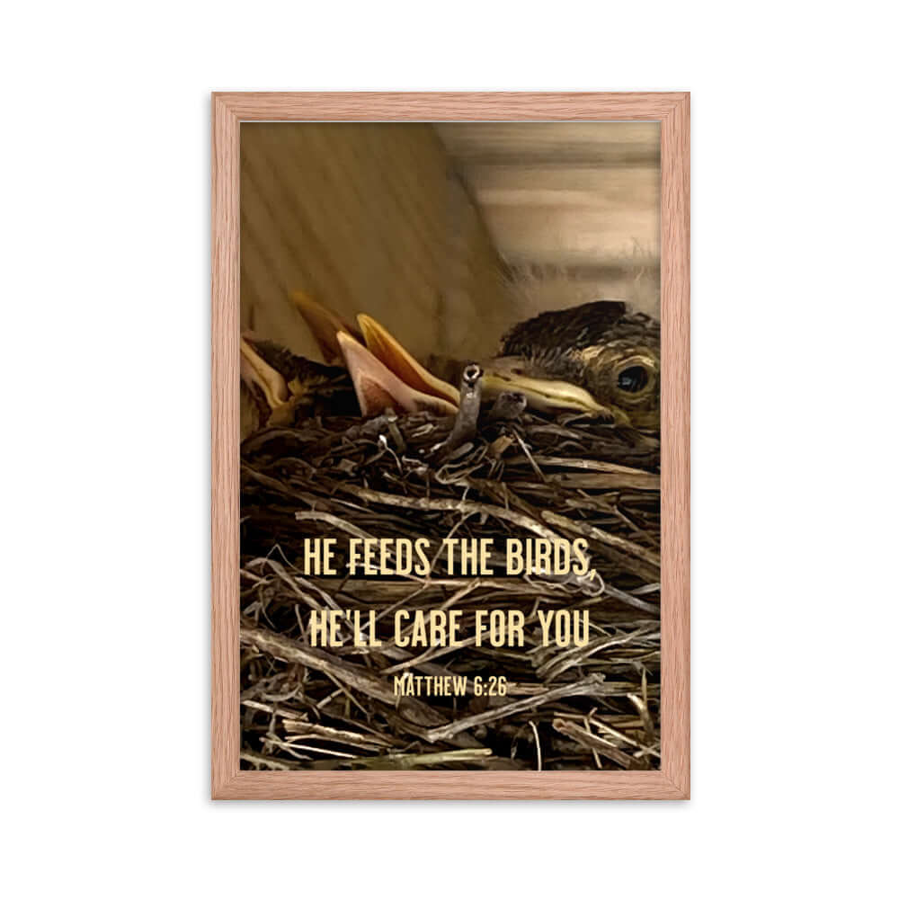 Matthew 6:26 Baby Robins, He'll Care for You Premium Luster Photo Paper Framed Poster Wall Art Red Oak 12″×18″
