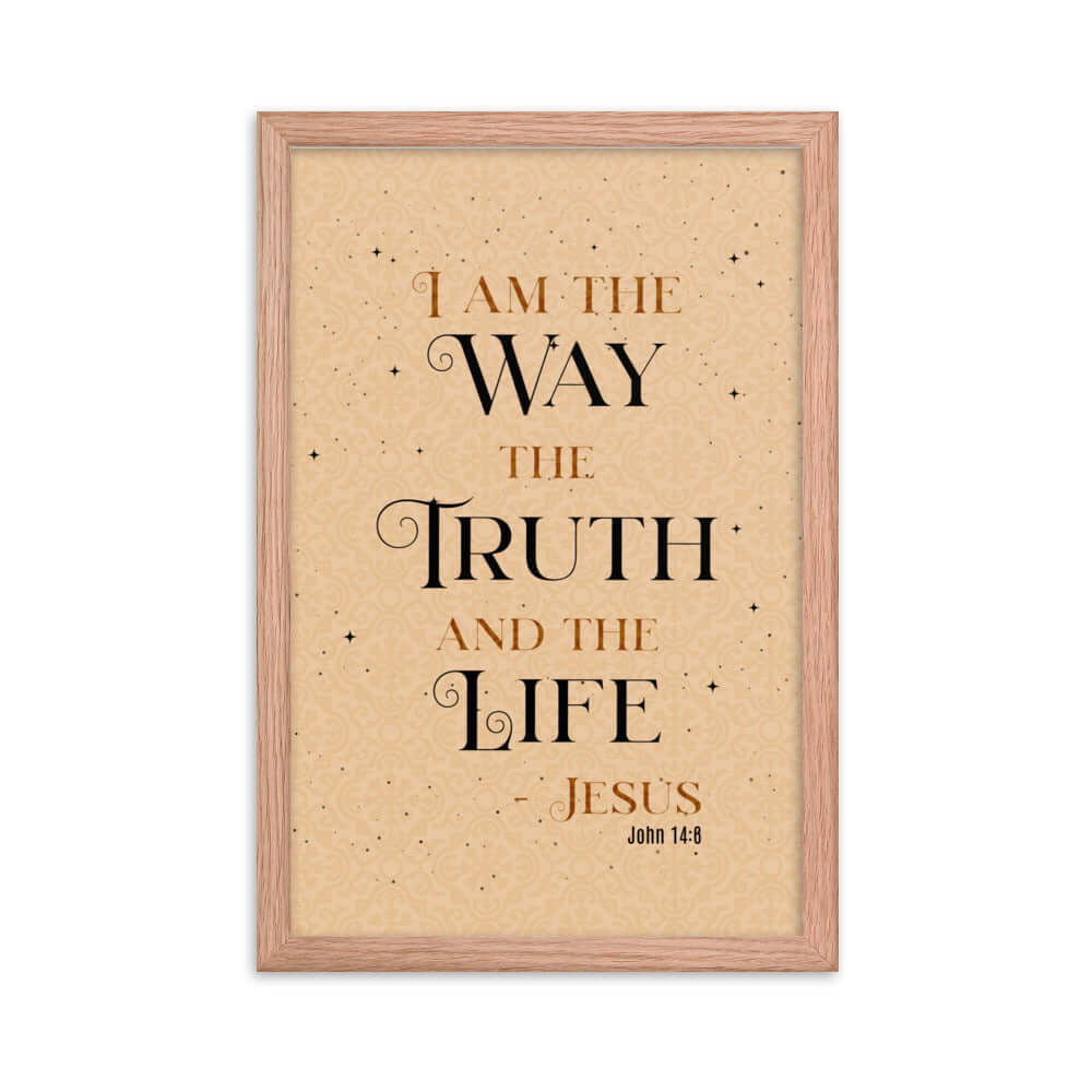 John 14:6 Bible Verse, Color Text Brown Background Premium Luster Photo Paper Framed Poster Wall Art Red Oak 12″×18″