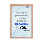1 Peter 5:7 Bible Verse, casting all your worries on Him Premium Luster Photo Paper Framed Poster Wall Art Red Oak 12″×18″