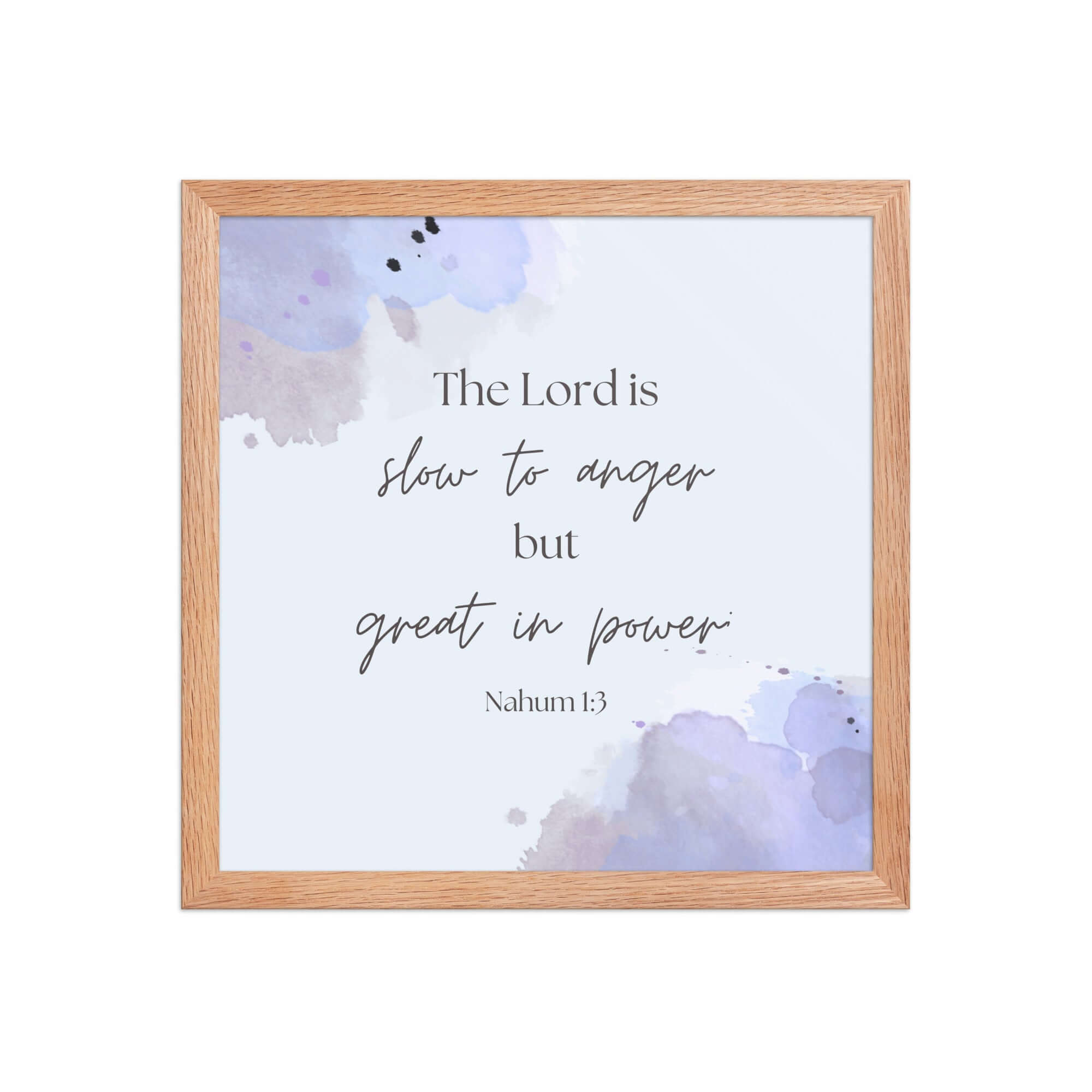 Nahum 1:3 Bible Verse, great in power Premium Luster Photo Paper Framed Poster Wall Art Red Oak 14″×14″