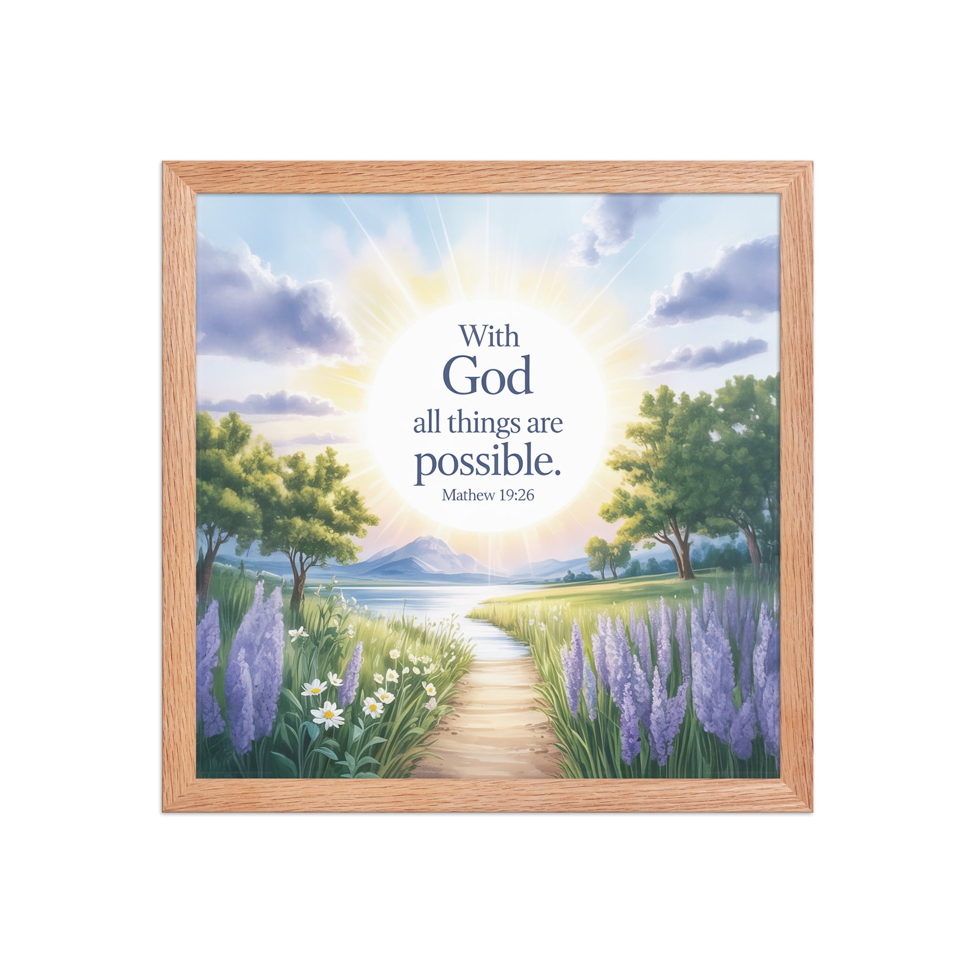 Matthew 19:26 Bible Verse Looking at Premium Luster Photo Paper Framed Poster Red Oak 14″×14″