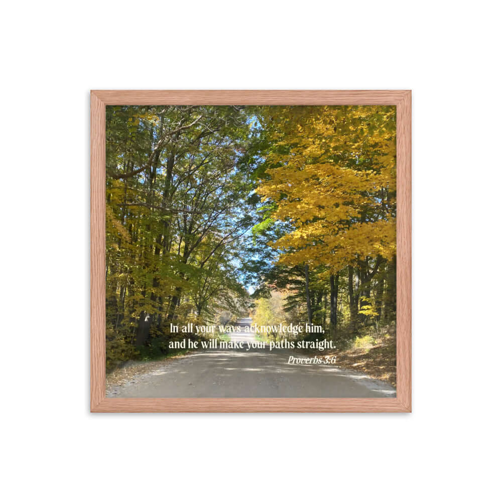 Proverbs 3:6 Bible Verse, Fall Road Premium Luster Photo Paper Framed Poster Wall Art Red Oak 16″×16″