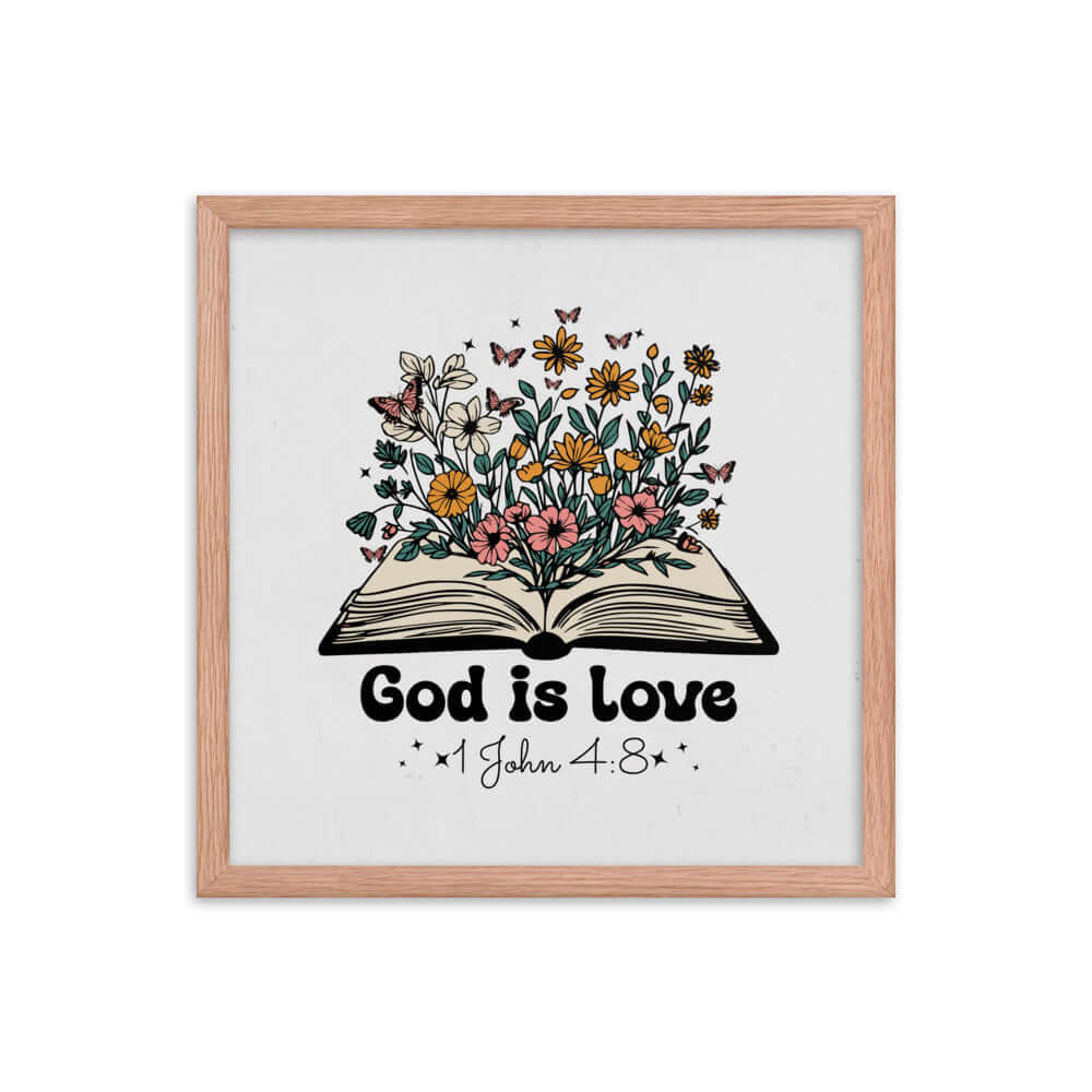 1 John 4:8 Bible Verse, God is Love Premium Luster Photo Paper Framed Poster Wall Art Red Oak 16″×16″