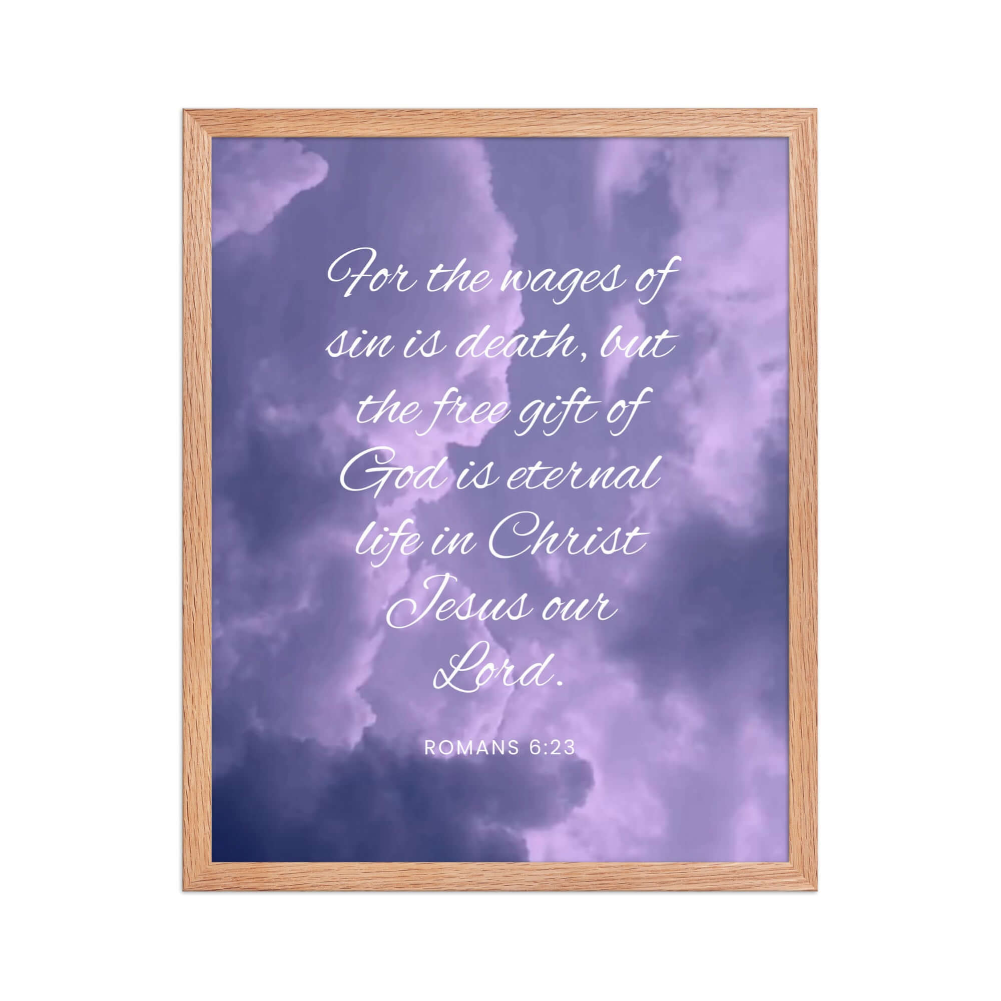 Romans 6:23 Bible Verse, free gift Premium Luster Photo Paper Framed Poster Wall Art Red Oak 16″×20″