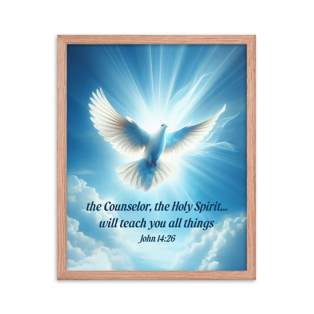 John 14:26 Bible Verse, Holy Spirit Dove Premium Luster Photo Paper Framed Poster Wall Art Red Oak 16″×20″
