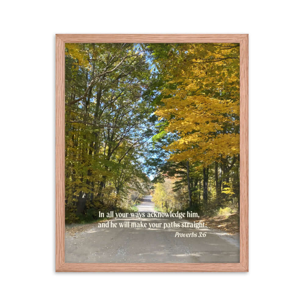 Proverbs 3:6 Bible Verse, Fall Road Premium Luster Photo Paper Framed Poster Wall Art Red Oak 16″×20″