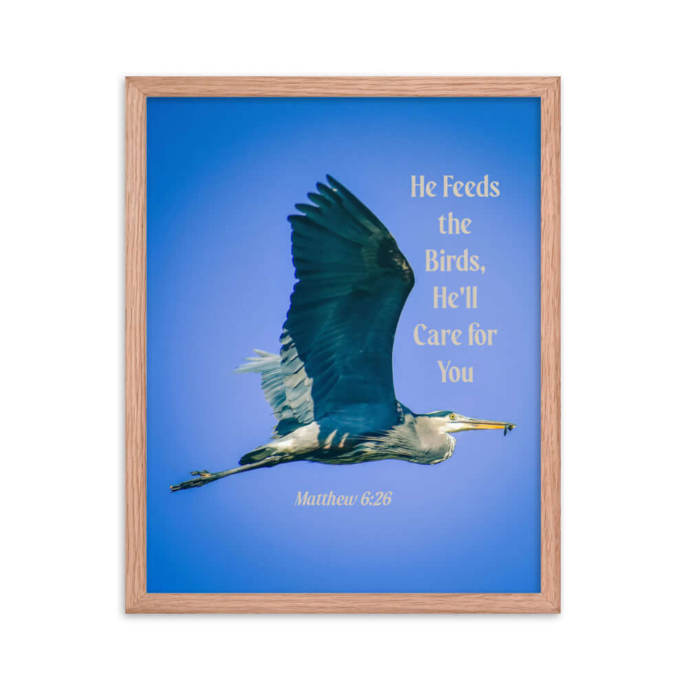 Matthew 6:26 Graceful Heron, He'll Care for You Premium Luster Photo Paper Framed Poster Wall Art Red Oak 16″×20″