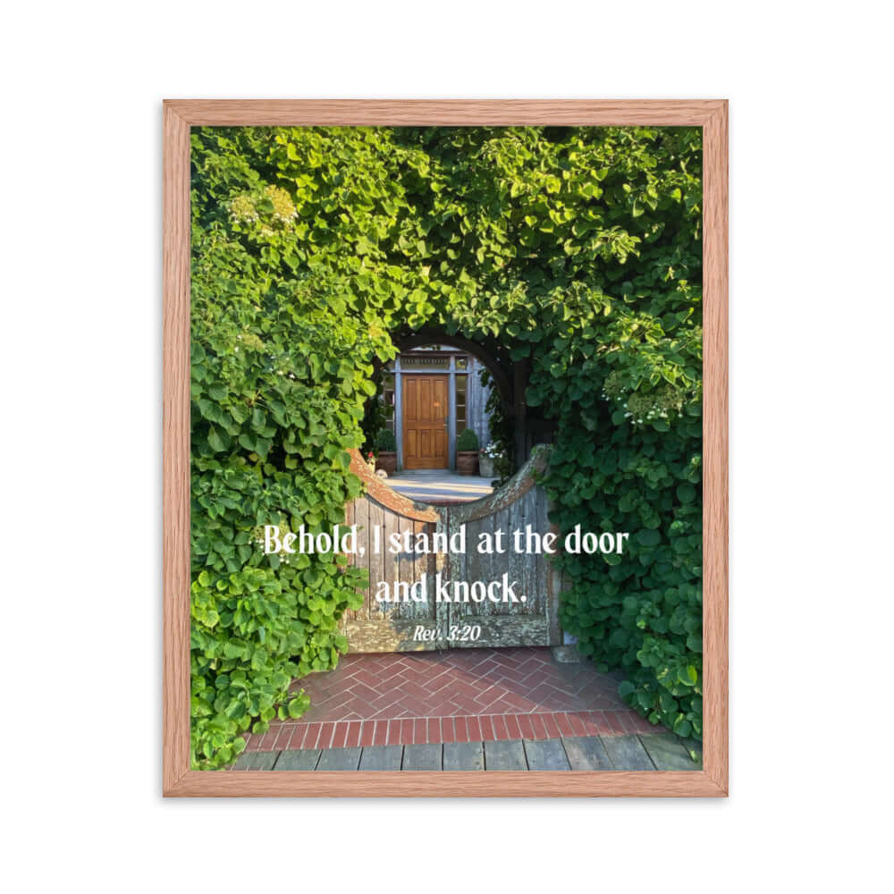 Revelation 3:20 Bible Verse, Garden Doorway Premium Luster Photo Paper Framed Poster Wall Art Red Oak 16″×20″