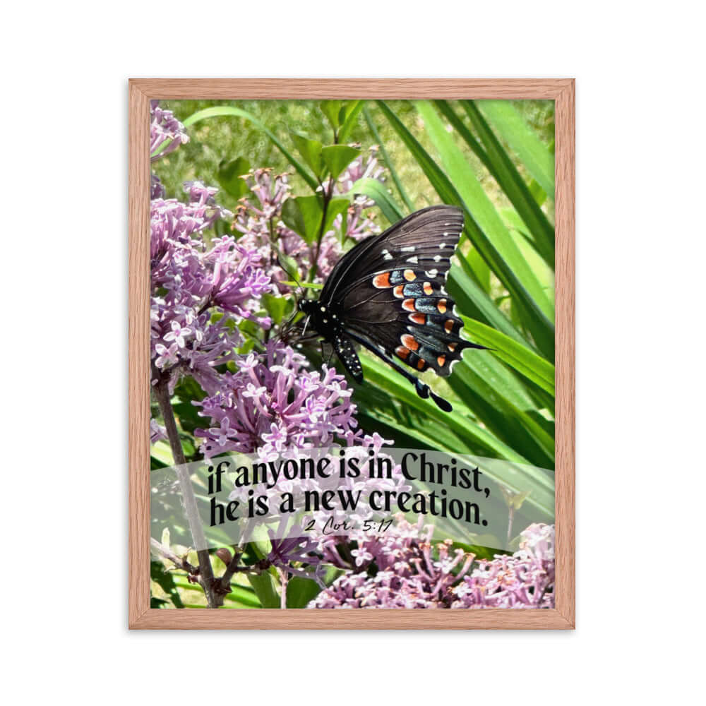 2 Corinthians 5:17 Bible Verse, Butterfly Premium Luster Photo Paper Framed Poster Wall Art Red Oak 16″×20″