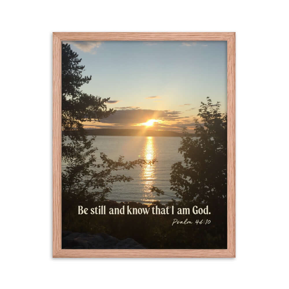 Psalm 46:10 Bible Verse, Sunset Glory Premium Luster Photo Paper Framed Poster Wall Art Red Oak 16″×20″