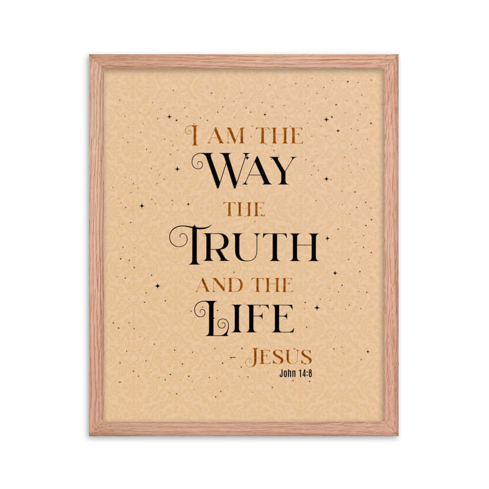 John 14:6 Bible Verse, Color Text Brown Background Premium Luster Photo Paper Framed Poster Wall Art Red Oak 16″×20″