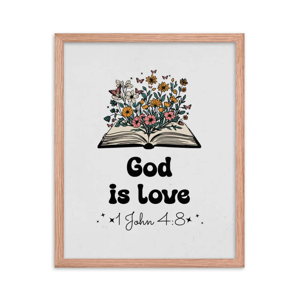1 John 4:8 Bible Verse, God is Love Premium Luster Photo Paper Framed Poster Wall Art Red Oak 16″×20″