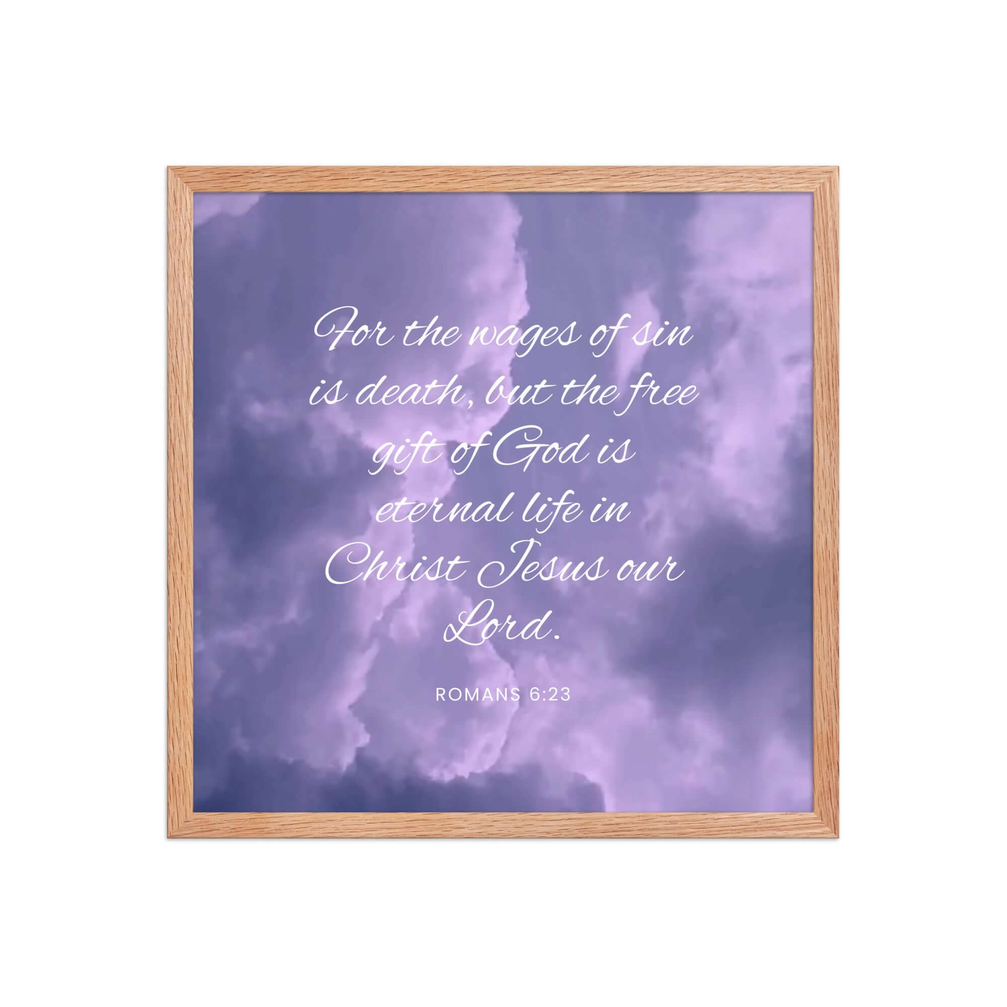 Romans 6:23 Bible Verse, free gift Premium Luster Photo Paper Framed Poster Wall Art Red Oak 18″×18″