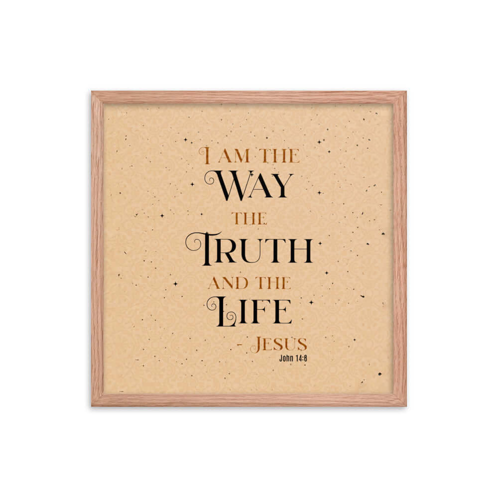 John 14:6 Bible Verse, Color Text Brown Background Premium Luster Photo Paper Framed Poster Wall Art Red Oak 18″×18″