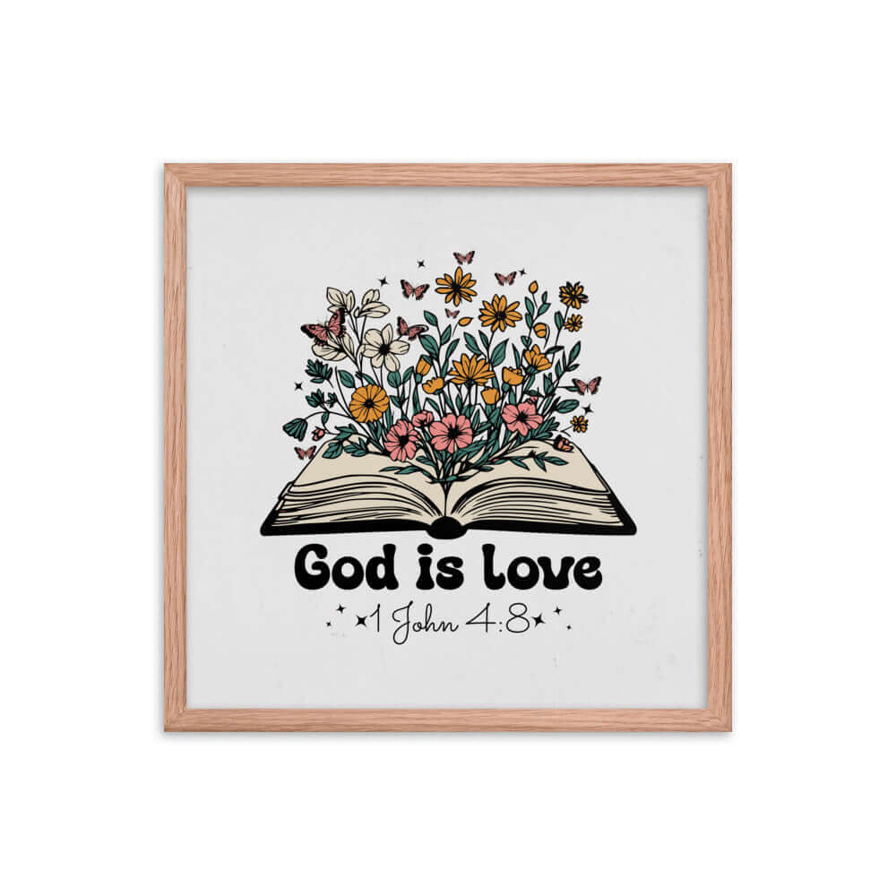 1 John 4:8 Bible Verse, God is Love Premium Luster Photo Paper Framed Poster Wall Art Red Oak 18″×18″
