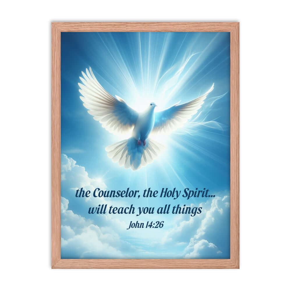 John 14:26 Bible Verse, Holy Spirit Dove Premium Luster Photo Paper Framed Poster Wall Art Red Oak 18″×24″