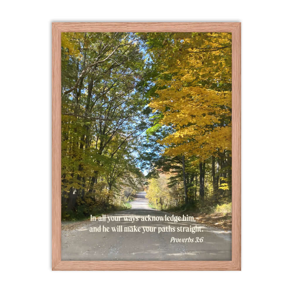 Proverbs 3:6 Bible Verse, Fall Road Premium Luster Photo Paper Framed Poster Wall Art Red Oak 18″×24″