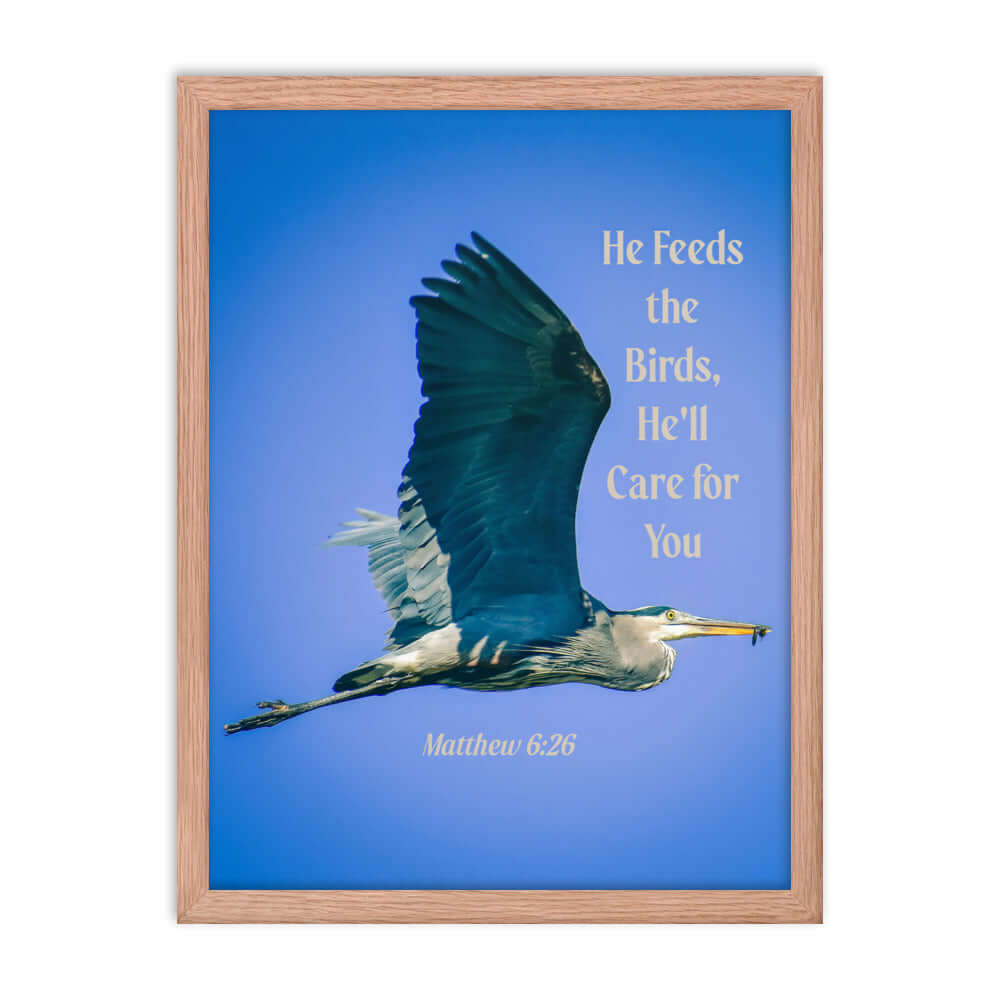Matthew 6:26 Graceful Heron, He'll Care for You Premium Luster Photo Paper Framed Poster Wall Art Red Oak 18″×24″