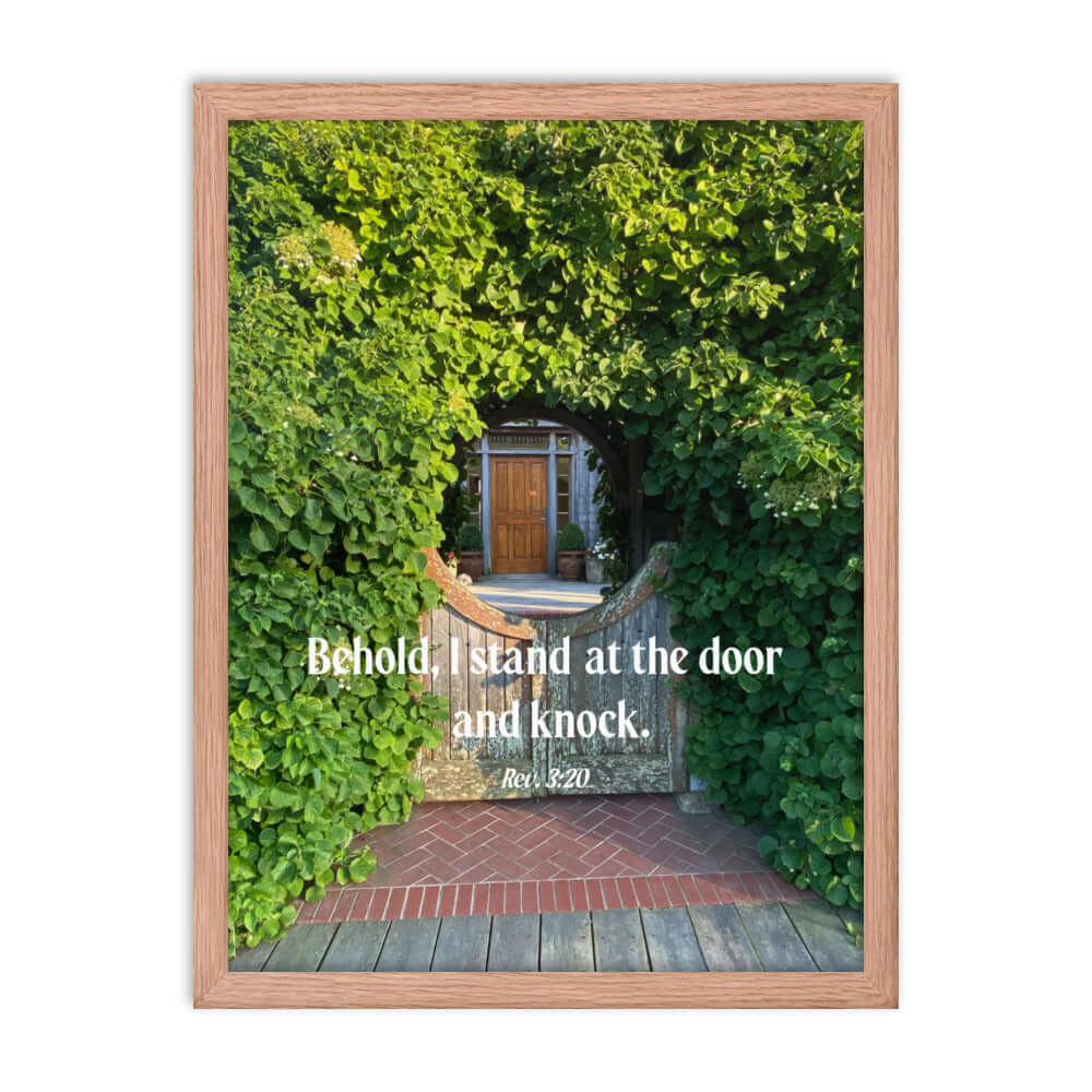 Revelation 3:20 Bible Verse, Garden Doorway Premium Luster Photo Paper Framed Poster Wall Art Red Oak 18″×24″