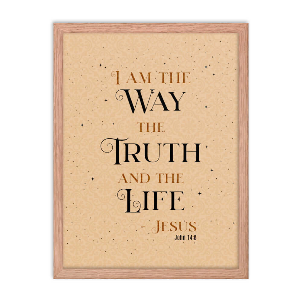 John 14:6 Bible Verse, Color Text Brown Background Premium Luster Photo Paper Framed Poster Wall Art Red Oak 18″×24″