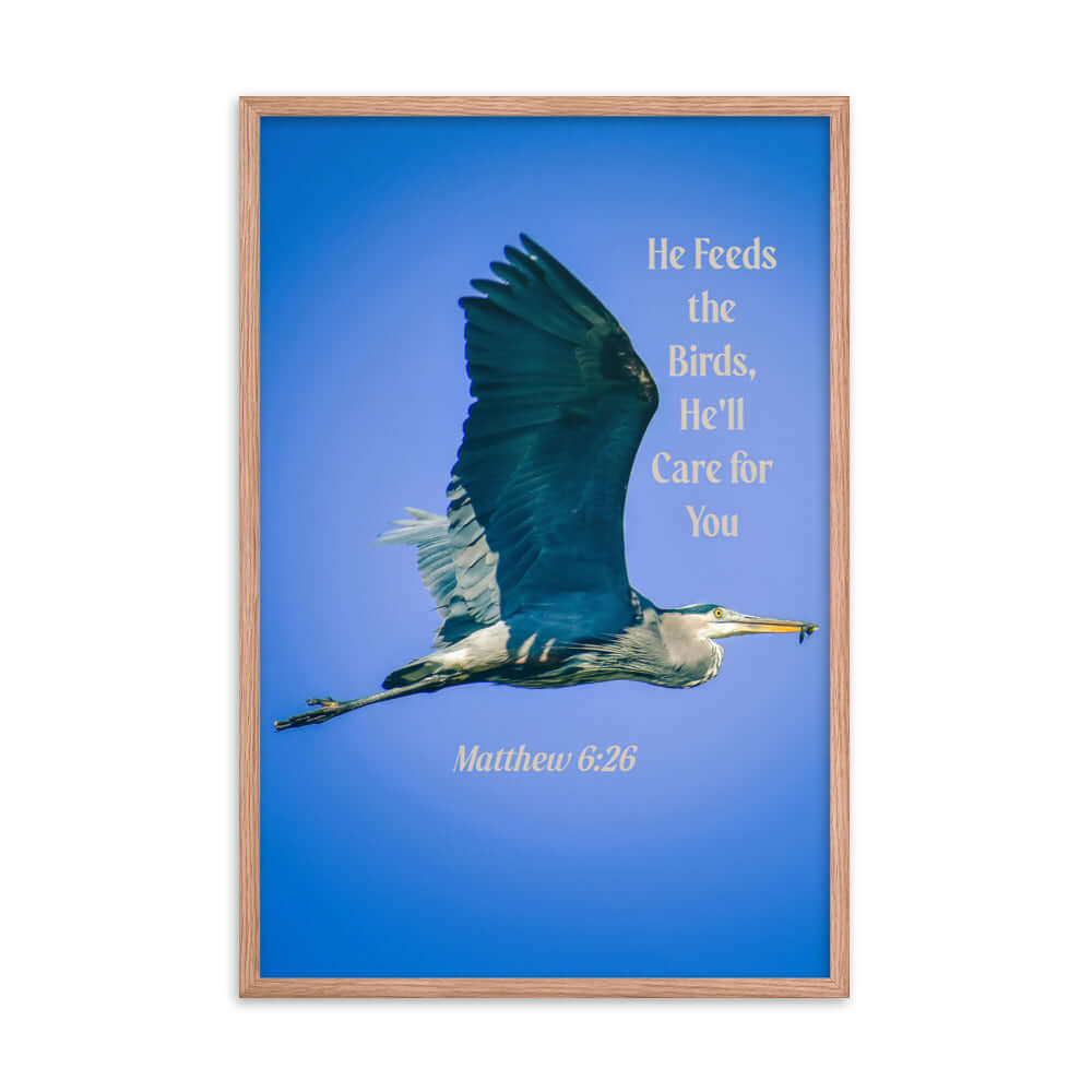 Matthew 6:26 Graceful Heron, He'll Care for You Premium Luster Photo Paper Framed Poster Wall Art Red Oak 24″×36″