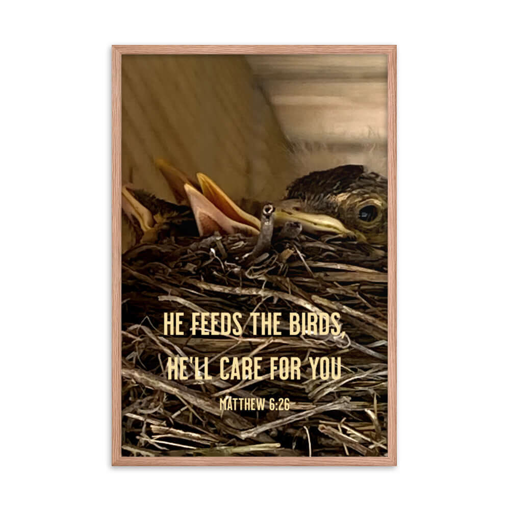 Matthew 6:26 Baby Robins, He'll Care for You Premium Luster Photo Paper Framed Poster Wall Art Red Oak 24″×36″