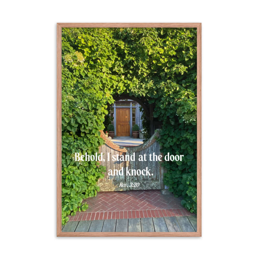 Revelation 3:20 Bible Verse, Garden Doorway Premium Luster Photo Paper Framed Poster Wall Art Red Oak 24″×36″