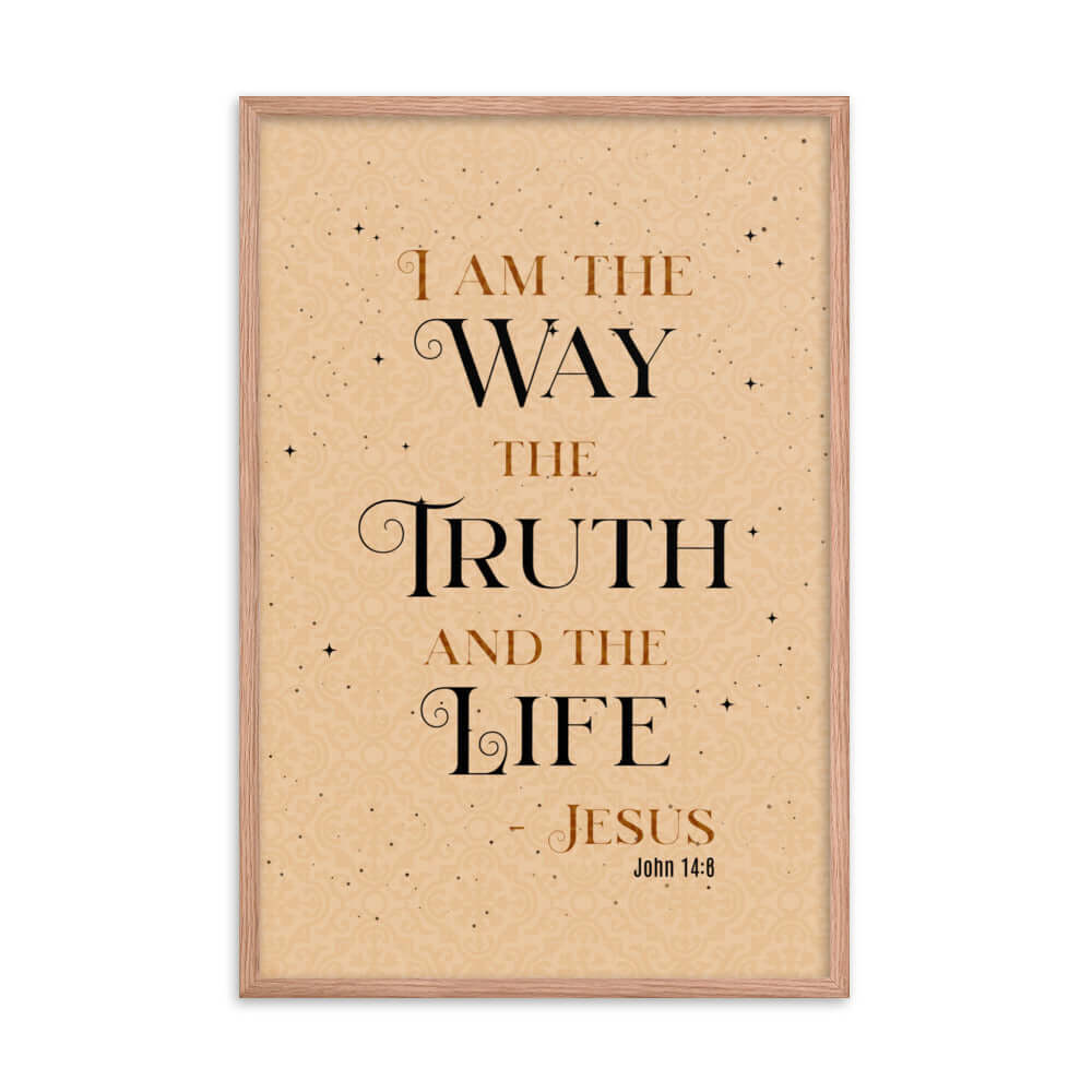 John 14:6 Bible Verse, Color Text Brown Background Premium Luster Photo Paper Framed Poster Wall Art Red Oak 24″×36″