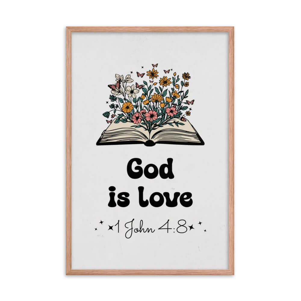 1 John 4:8 Bible Verse, God is Love Premium Luster Photo Paper Framed Poster Wall Art Red Oak 24″×36″
