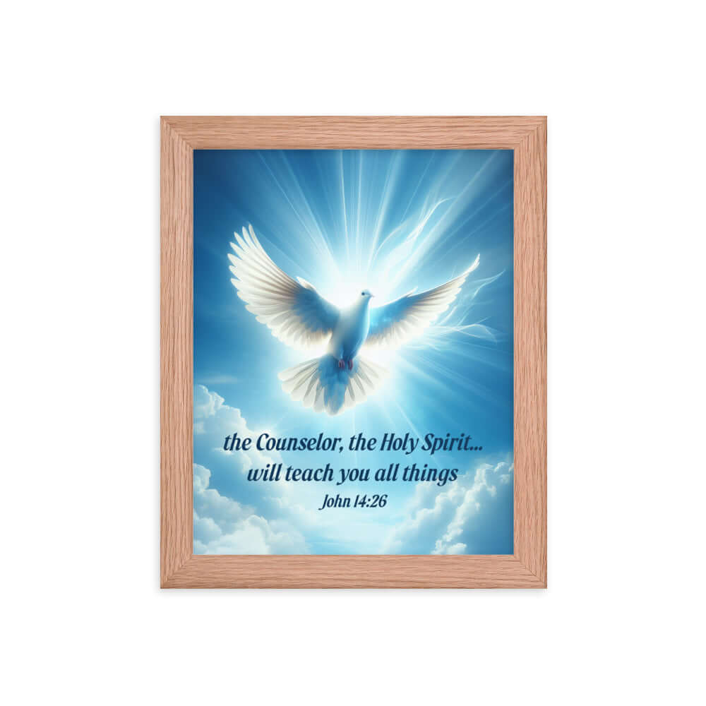 John 14:26 Bible Verse, Holy Spirit Dove Premium Luster Photo Paper Framed Poster Wall Art Red Oak 8″×10″