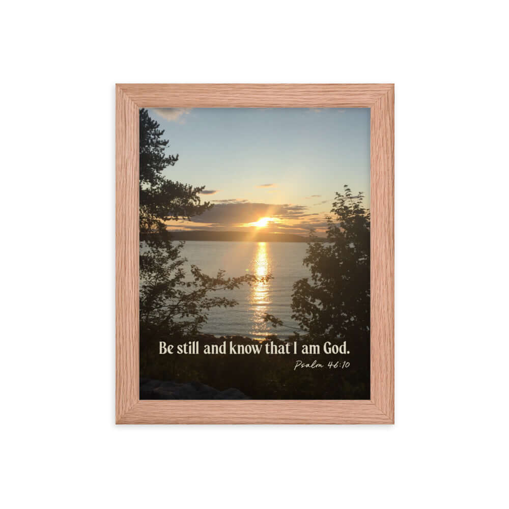 Psalm 46:10 Bible Verse, Sunset Glory Premium Luster Photo Paper Framed Poster Wall Art Red Oak 8″×10″