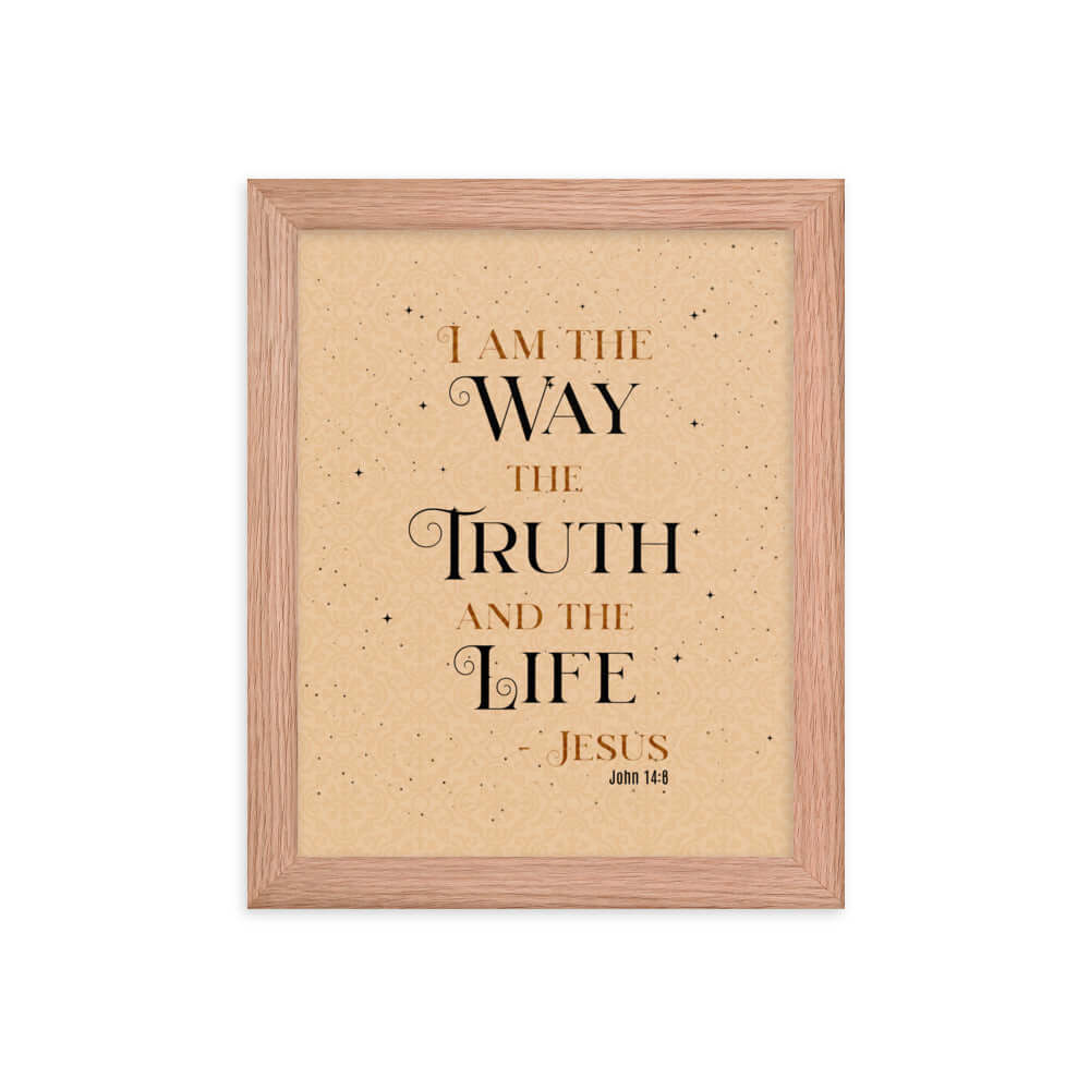 John 14:6 Bible Verse, Color Text Brown Background Premium Luster Photo Paper Framed Poster Wall Art Red Oak 8″×10″