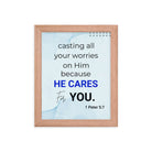 1 Peter 5:7 Bible Verse, casting all your worries on Him Premium Luster Photo Paper Framed Poster Wall Art Red Oak 8″×10″