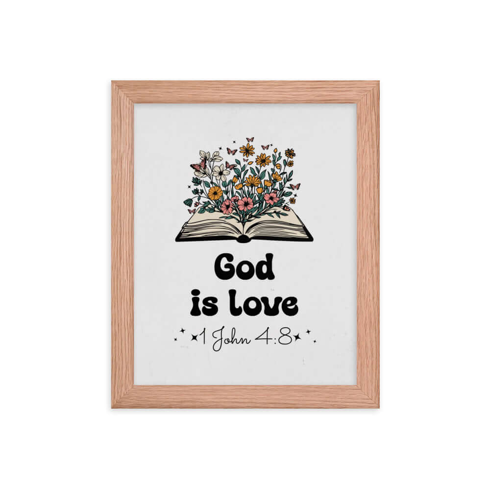 1 John 4:8 Bible Verse, God is Love Premium Luster Photo Paper Framed Poster Wall Art Red Oak 8″×10″