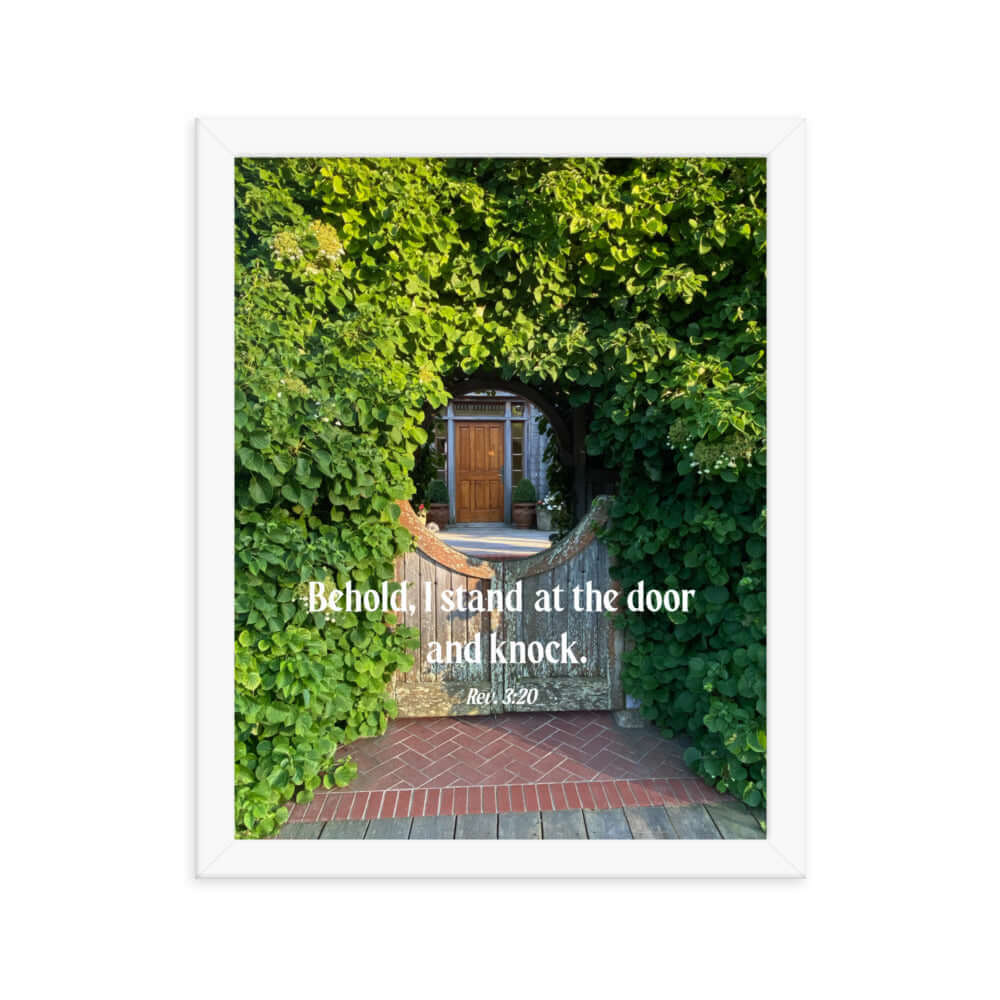 Revelation 3:20 Bible Verse, Garden Doorway Premium Luster Photo Paper Framed Poster Wall Art White 11″×14″