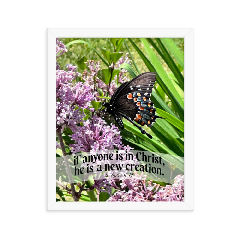 2 Corinthians 5:17 Bible Verse, Butterfly Premium Luster Photo Paper Framed Poster Wall Art White 11″×14″