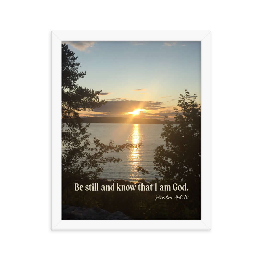 Psalm 46:10 Bible Verse, Sunset Glory Premium Luster Photo Paper Framed Poster Wall Art White 11″×14″